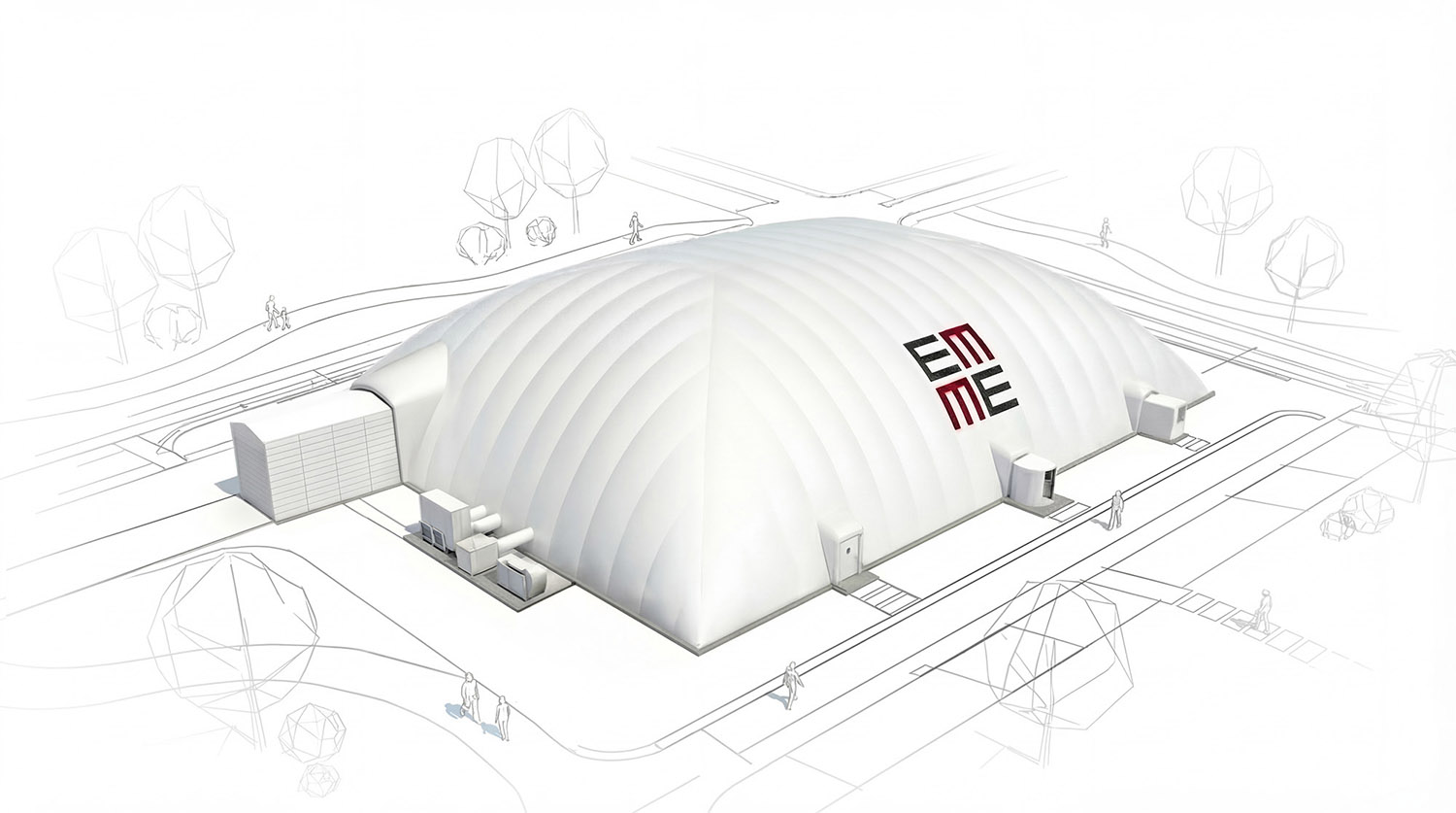 Overview of air dome elements including membrane, ventilation units, access doors, anchoring, and support systems in an air-supported structur