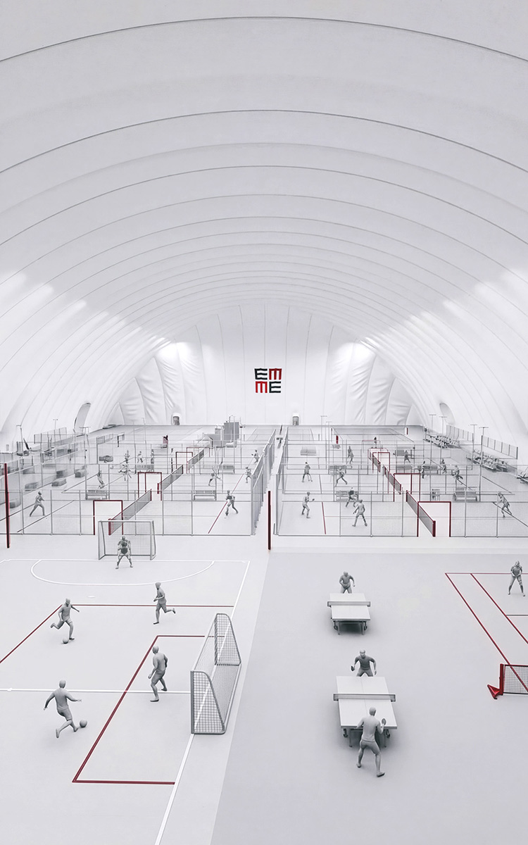 Pre-engineered air dome interior showing standardized structural system and efficient layout by EMME